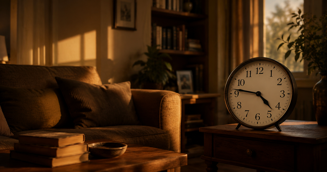 A quiet living room at 4:47 PM with late afternoon light streaming through the window — illustrating the daily sundowning hour familiar to dementia caregivers.