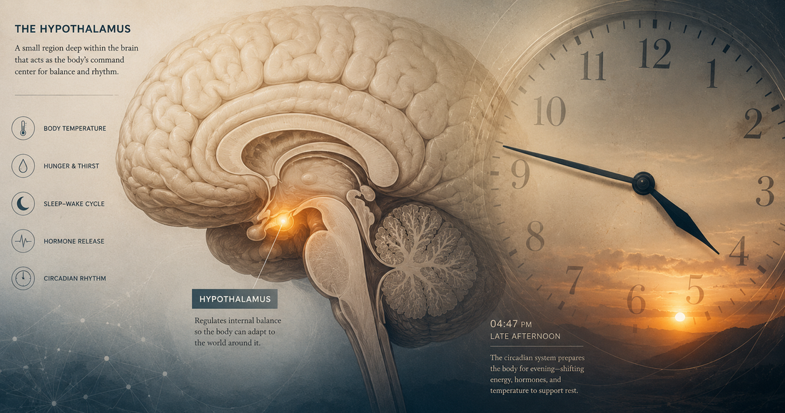 Diagram illustrating circadian rhythm disruption in the brain — the neurological mechanism behind sundowning in dementia patients.
