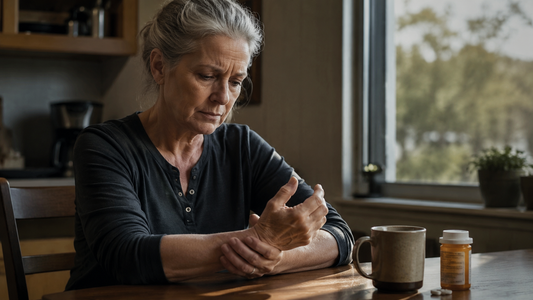 Military veteran sitting at a kitchen table looking down at his hands, with a coffee mug and prescription bottle nearby — representing the long-term physical and autoimmune symptoms that can follow traumatic brain injury and PTSD.