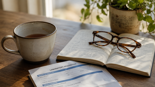 A quiet still-life on a sunlit kitchen table with tea, reading glasses, a notebook of symptom notes, and a lab requisition slip, representing the process of tracking and investigating unexplained symptoms that can emerge after a brain injury.  