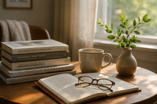 Soft morning light on a quiet table with reading materials and a mug of tea, suggesting a calm space to learn about traumatic brain injury symptoms.