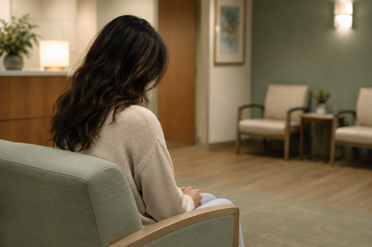 A woman seated in a clinical waiting room seen from behind, representing IPV survivors navigating undiagnosed brain injury in healthcare settings.