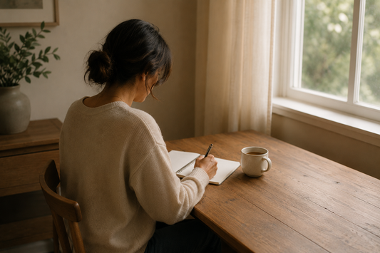 A woman writing at a wooden desk near a window in soft natural light, representing the personal perspective behind Robbins Nest Alliance's brain injury education mission.