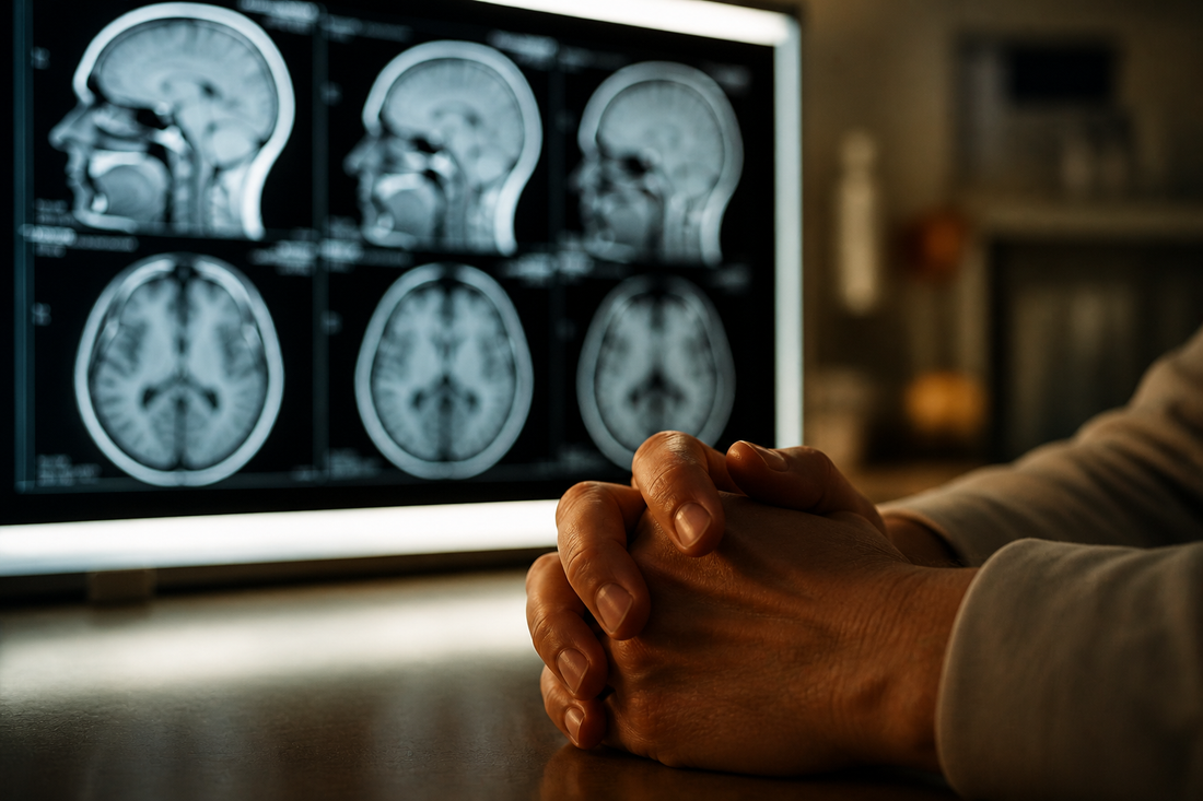 Brain MRI scan in background with caregiver hands in foreground, representing the neurological basis of CTE symptoms