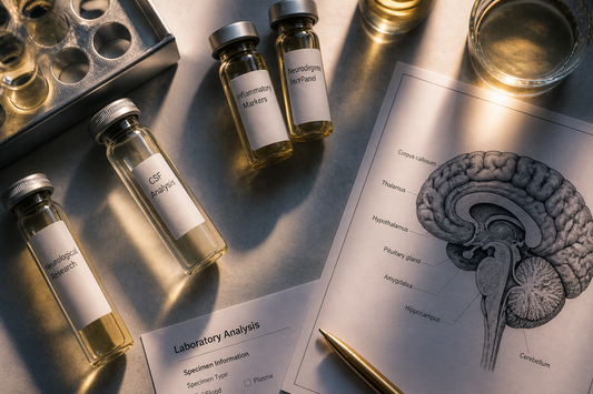 Medical lab vials representing micronutrient testing for TBI patients with neurological diagram in background