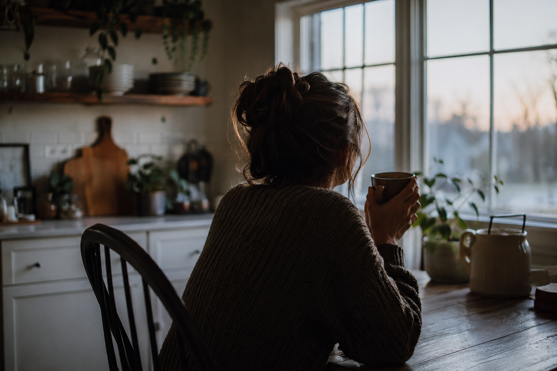 Caregiver sitting alone at kitchen table in early morning light representing the quiet exhaustion of caring for someone with CTE or TBI