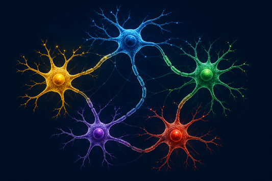 Five types of dementia illustrated as connected neural pathways representing Alzheimer's Lewy Body FTD vascular and CTE related cognitive decline