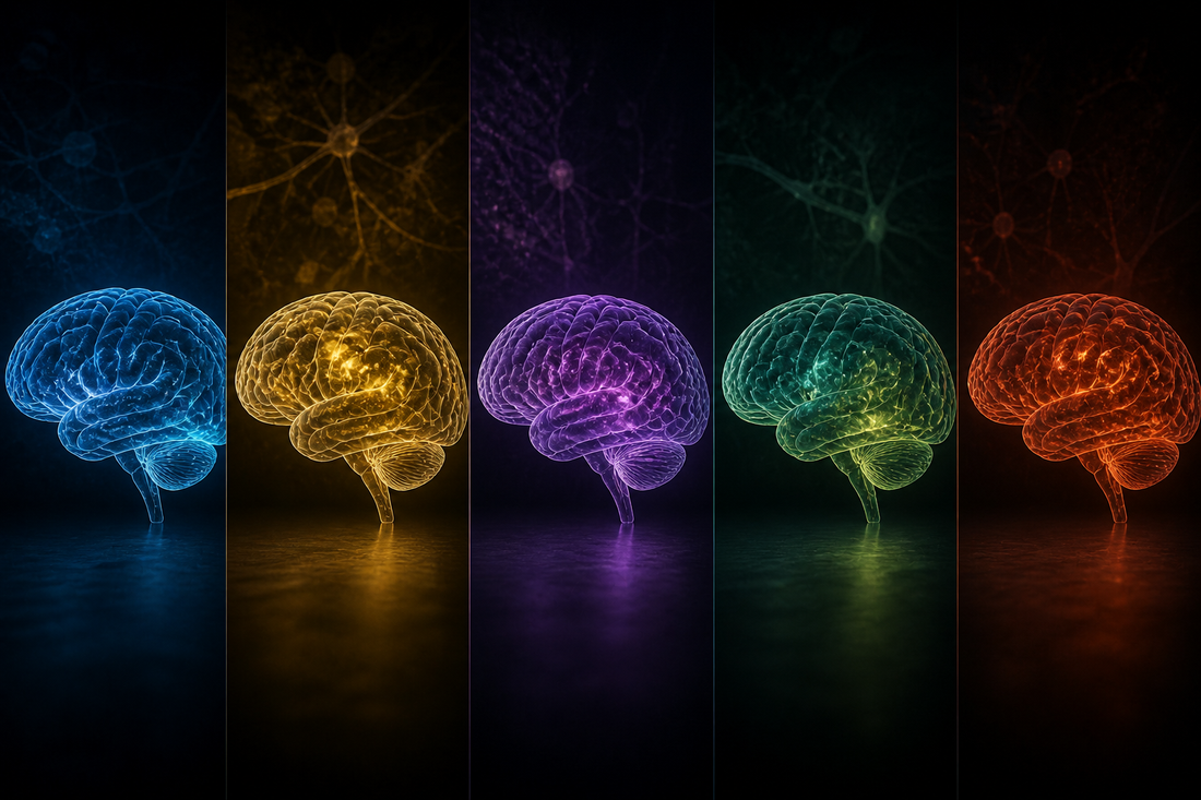 Five types of dementia illustrated as brain silhouettes — Alzheimer's, Lewy Body, Frontotemporal, Vascular, and CTE-related cognitive decline — caregiver education resource from Robbins Nest Alliance.