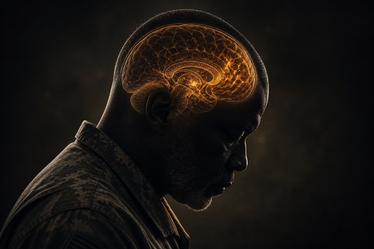 Veteran silhouette with brain scan overlay representing CTE risk in military service members — educational resource from Robbins Nest Alliance.