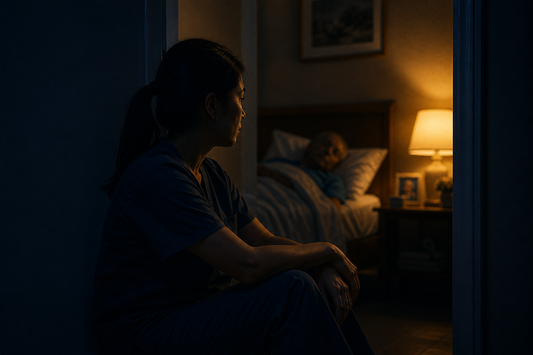 Caregiver awake at night watching over a loved one with TBI — representing sleep disruption in traumatic brain injury families, from Robbins Nest Alliance.
