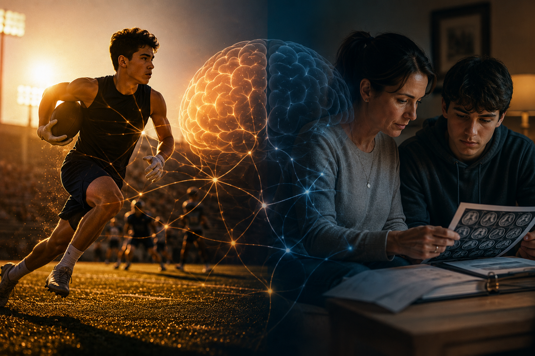 A split image showing the dual nature of sports and brain injury — an athlete in motion and a caregiver reviewing medical information with a family member