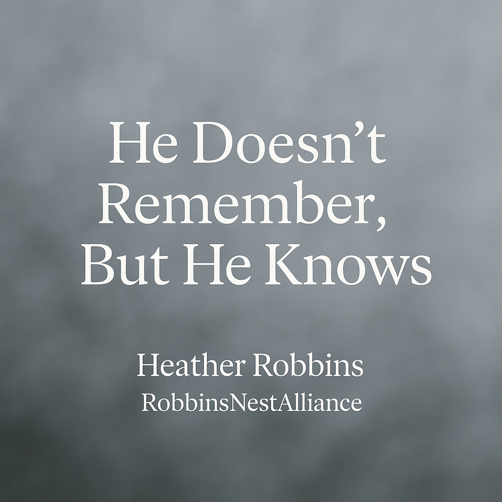 Soft, emotional caregiver-themed poem graphic titled “He Doesn’t Remember, But He Knows,” expressing the impact of brain injury on relationships.