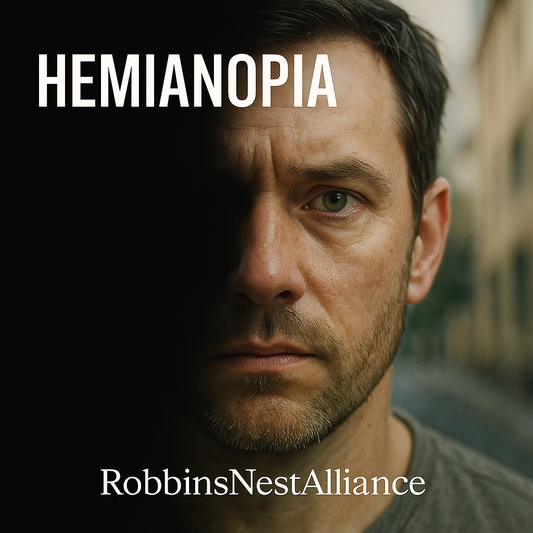 Image of a man whose left visual field is obscured in darkness, illustrating how homonymous hemianopia causes half of the world to disappear. The word ‘HEMIANOPIA’ appears at the top, with RobbinsNestAlliance at the bottom.