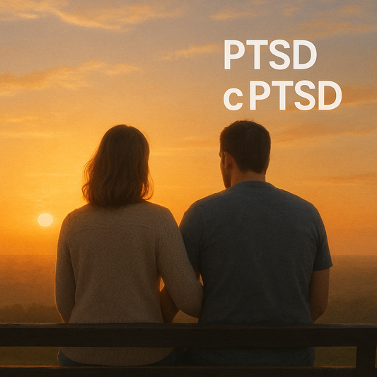 A caregiver and a brain injury survivor sit together at sunset, symbolizing connection, trauma recovery, and hope after PTSD and cPTSD