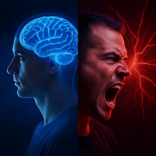 Illustration showing the contrast between a calm blue brain scan and a red-faced person yelling, symbolizing the neurological and emotional effects of brain injury and CTE.