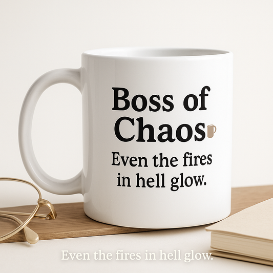 Boss of Chaos mug on desk — caregiver humor about burnout, resilience, and self-care. Quote on mug reads: “Even the fires in hell glow.”