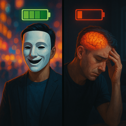 Illustration of a person wearing a mask with full battery beside another person holding their head in fatigue, symbolizing caregiver exhaustion and masking in brain injury