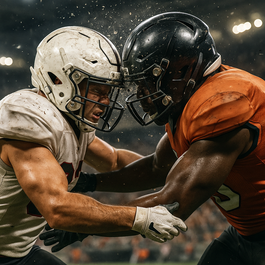 Two football players collide helmet-to-helmet on the field, symbolizing concussion risks and CTE awareness.