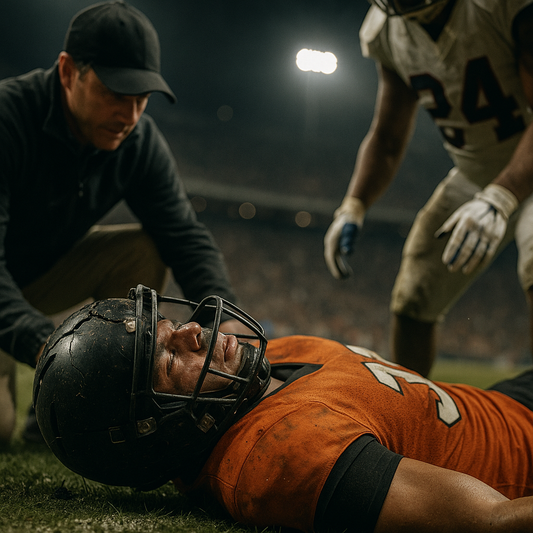 Football player lying on the field after a hard tackle, with a coach kneeling beside him — symbolizing the hidden impact of concussions and the importance of brain injury awareness.