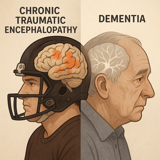 Illustration comparing Chronic Traumatic Encephalopathy (CTE) and Dementia — showing a football player’s brain with trauma damage beside an older man with dementia-related brain changes.