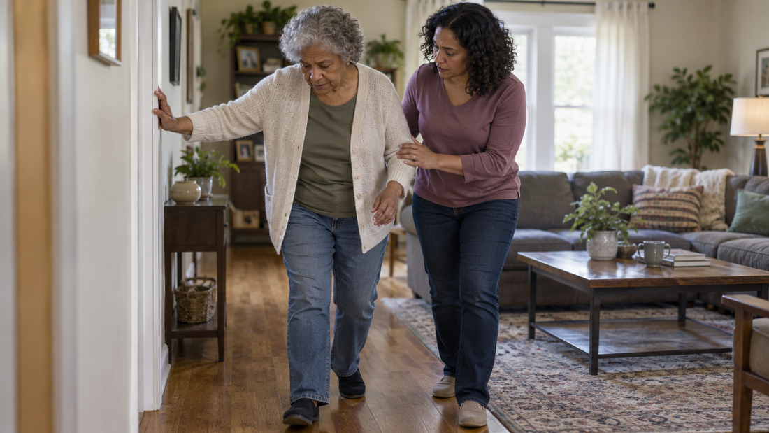 An older adult reaching for support while walking unsteadily, illustrating cerebellar, sensory, and vestibular ataxia after brain injury.