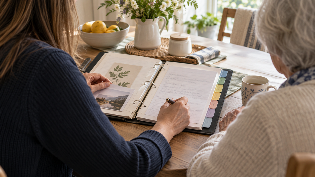 Caregiver reviewing an organized dementia stages guide beside an older adult at a kitchen table