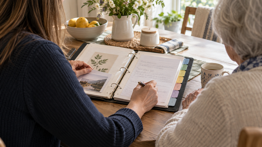 Caregiver reviewing an organized dementia stages guide beside an older adult at a kitchen table