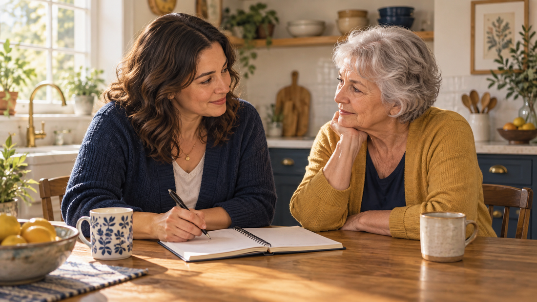 Adult caregiver and older parent sitting together at a table with a notebook, documenting symptoms to discuss with a neurologist.