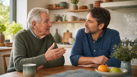 Adult son listening closely to his father as he searches for the right word during a conversation at home.