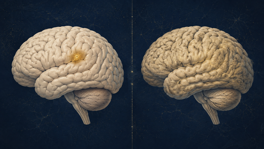 Split illustration comparing a discrete brain injury to progressive neurodegenerative brain disease
