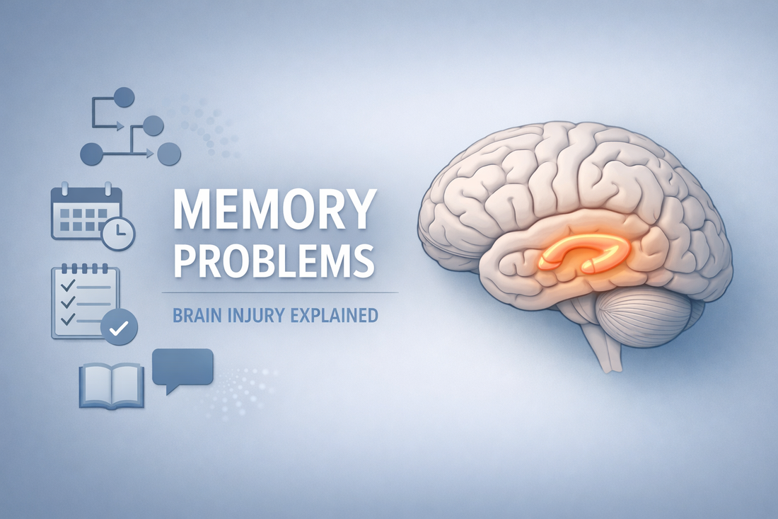 Medical educational illustration showing memory problems after brain injury with icons representing forgetfulness and a brain graphic highlighting the hippocampus memory region.
