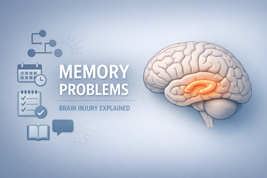 Medical educational illustration showing memory problems after brain injury with icons representing forgetfulness and a brain graphic highlighting the hippocampus memory region.