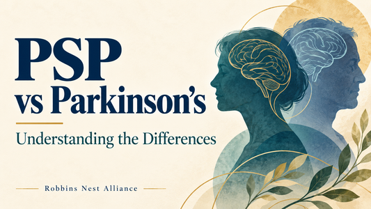 PSP vs Parkinson’s: Understanding the Differences,” with illustrated profiles and brain outlines in navy, teal, and gold.