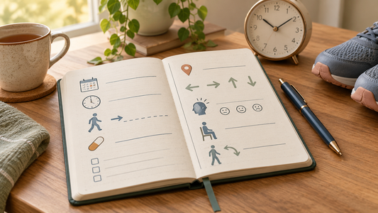A caregiver fall record with a clock, walking-direction symbols, medication timing, and recovery notes.