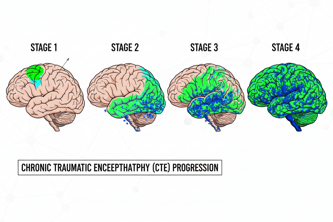 Illustration of the four progressive stages of chronic traumatic encephalopathy (CTE), showing increasing tau protein accumulation and brain tissue degeneration.”