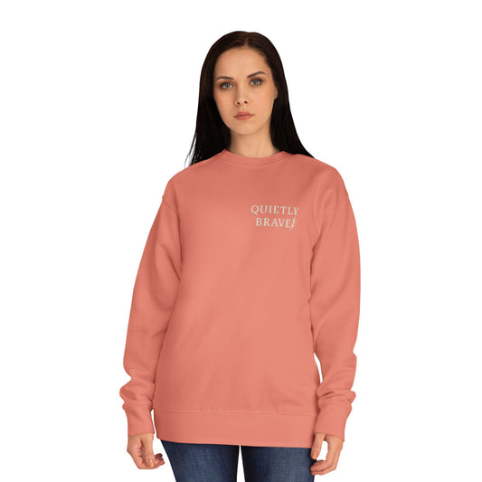 Unisex Crew Sweatshirt – Quietly Brave Embroidery | Dusty Rose & Carbon Grey | Cozy Inspirational Pullover