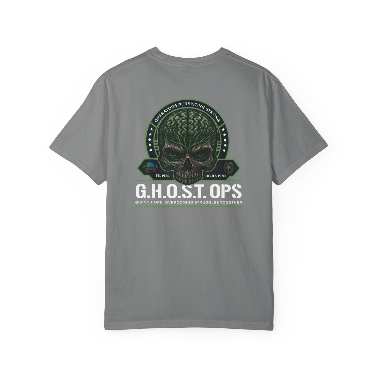 G.H.O.S.T. OPS™ Skull Back Print Tee – Brain Injury & Caregiver Support Shirt, Casual Wear, Gift for Gamers, Military, Birthday Present, Halloween Outfit, Unique Style