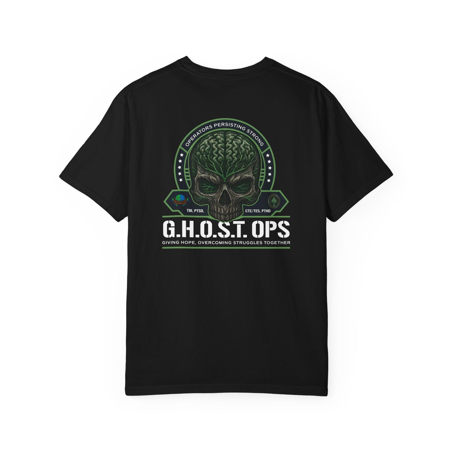 G.H.O.S.T. OPS™ Skull Back Print Tee – Brain Injury & Caregiver Support Shirt, Casual Wear, Gift for Gamers, Military, Birthday Present, Halloween Outfit, Unique Style