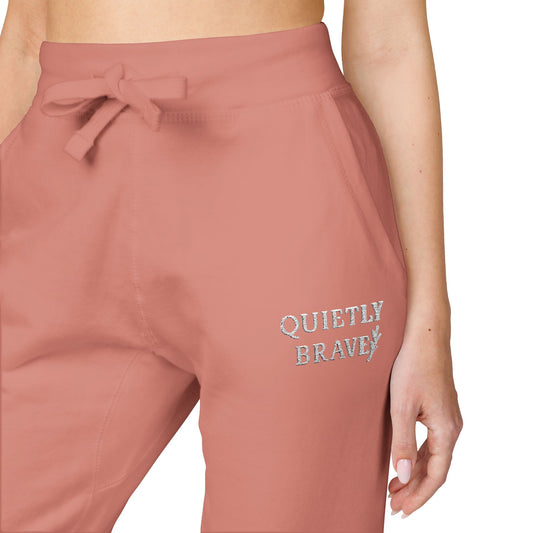 Quietly Brave Sweatpants – Cozy Unisex Fleece Joggers, Empowering Embroidery, Loungewear Gift for Caregivers, Athleisure Comfort