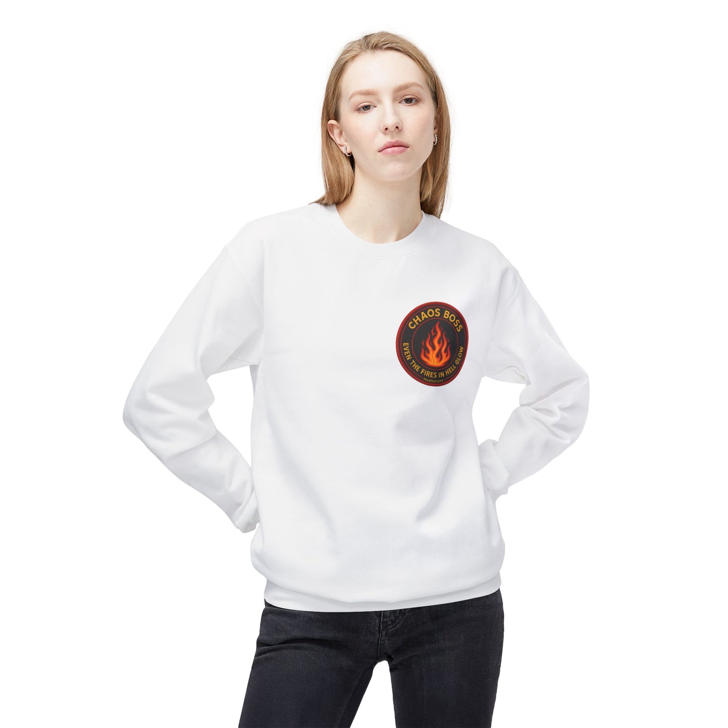 CHAOS BOSS Crewneck Sweatshirt – Even the Fires in Hell Glow