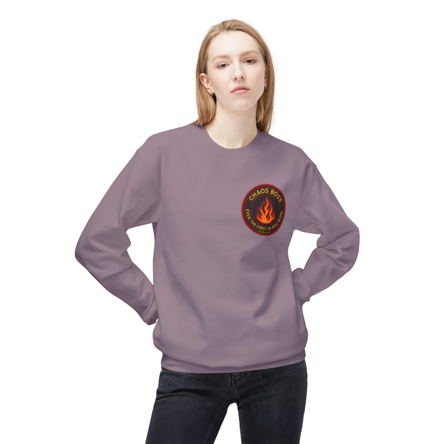 CHAOS BOSS Crewneck Sweatshirt – Even the Fires in Hell Glow