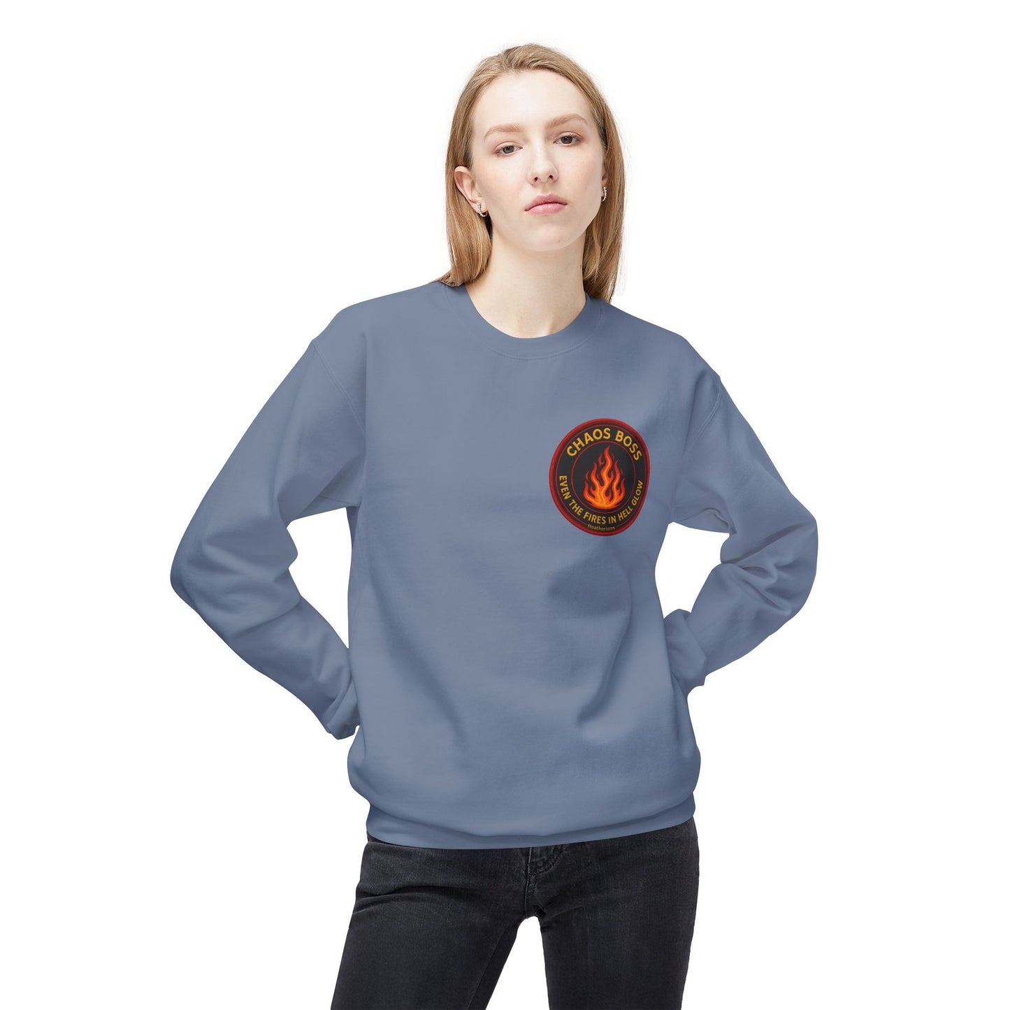 CHAOS BOSS Crewneck Sweatshirt – Even the Fires in Hell Glow