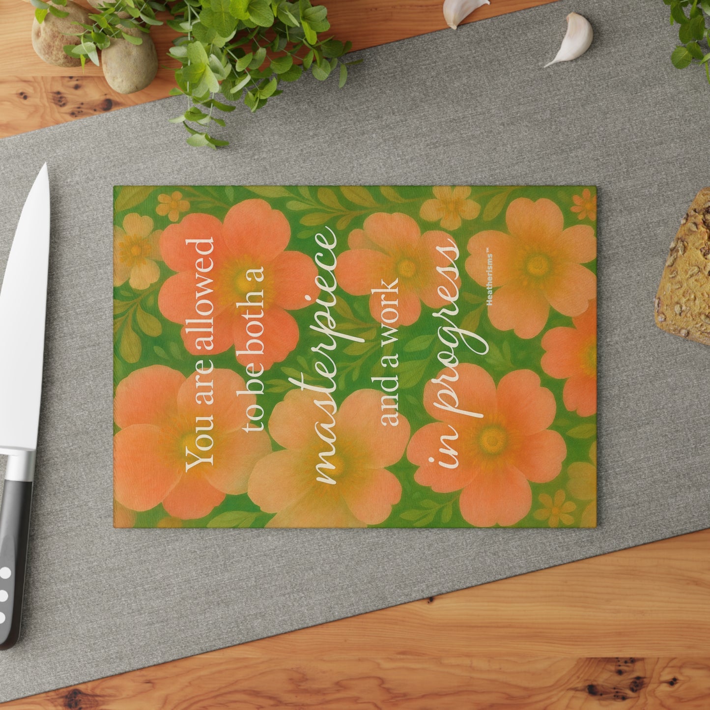 Masterpiece & Work in Progress – Floral Glass Cutting Board | Heatherisms™ Collection Gift for Home Cooks, Unique Cooking Accessory, Floral Design