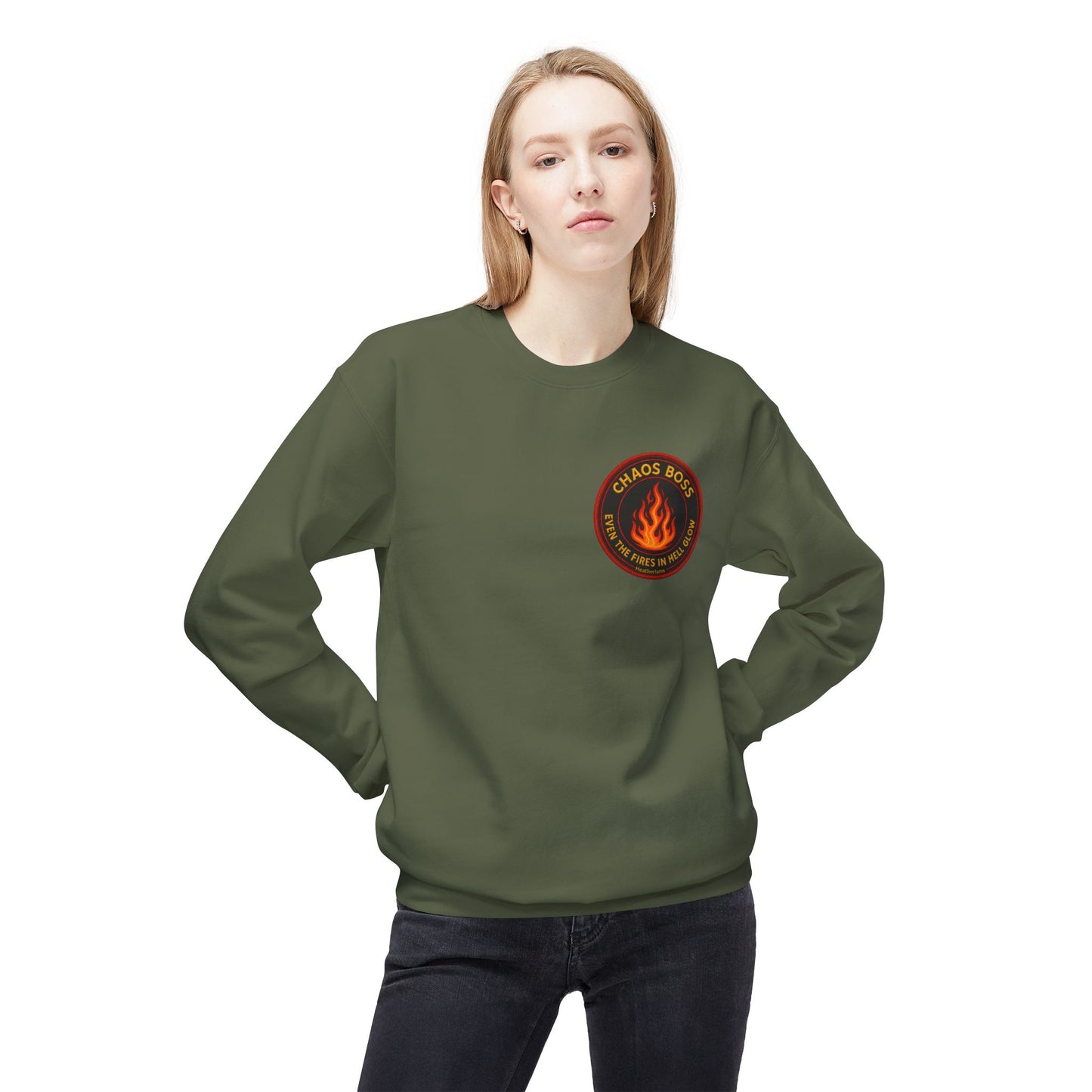 CHAOS BOSS Crewneck Sweatshirt – Even the Fires in Hell Glow