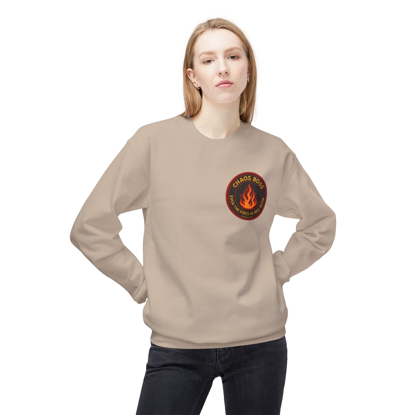 CHAOS BOSS Crewneck Sweatshirt – Even the Fires in Hell Glow