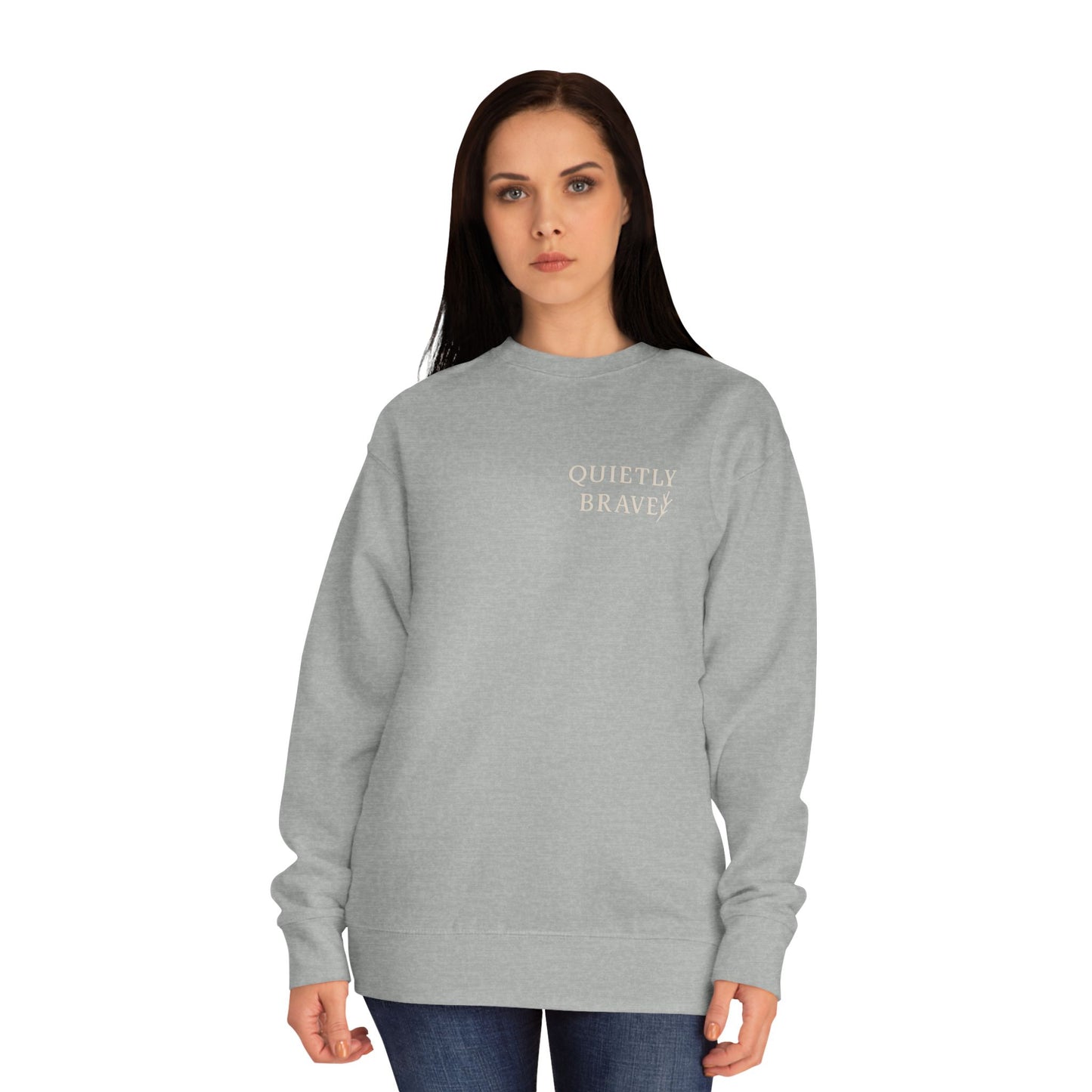 Unisex Crew Sweatshirt – Quietly Brave Embroidery | Dusty Rose & Carbon Grey | Cozy Inspirational Pullover