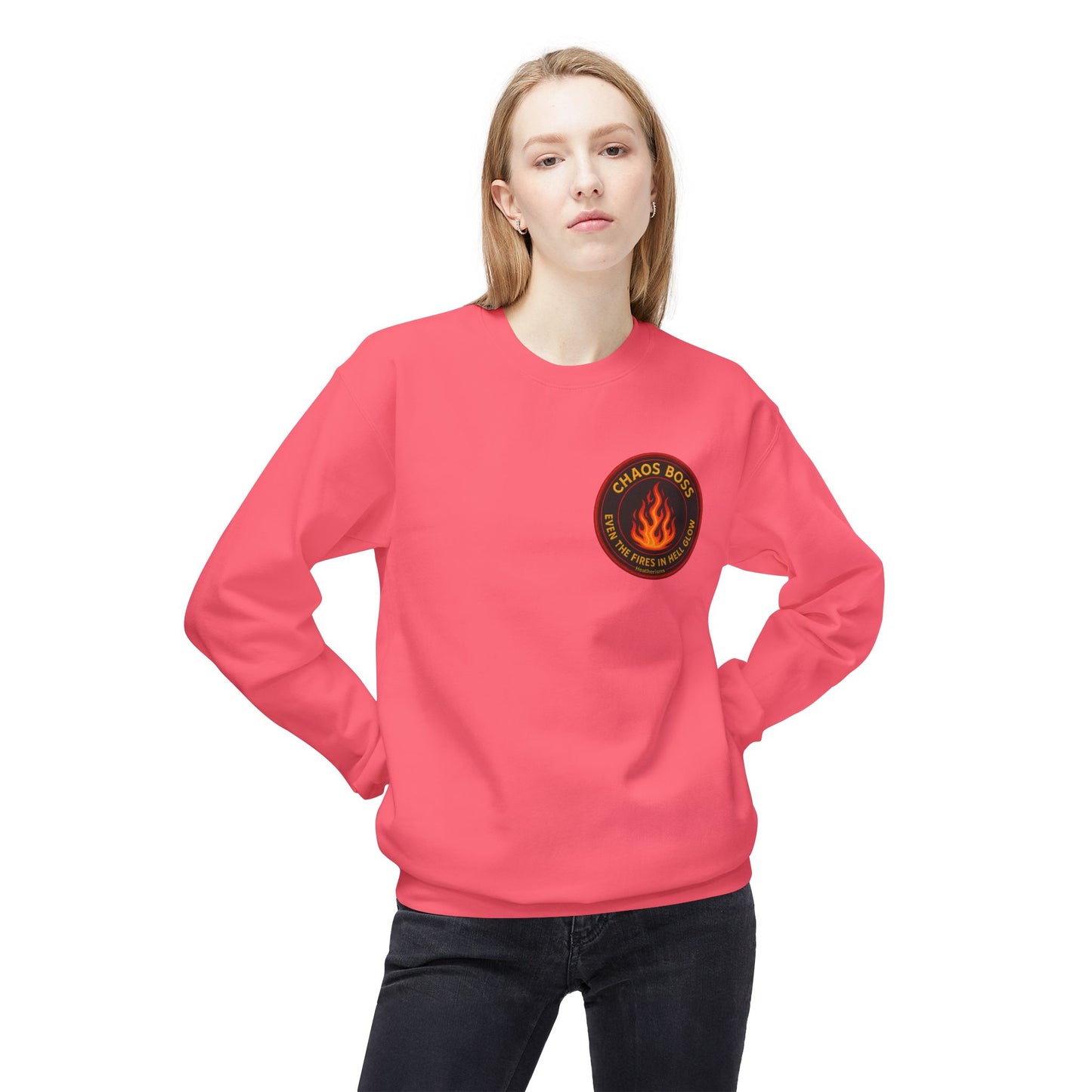 CHAOS BOSS Crewneck Sweatshirt – Even the Fires in Hell Glow