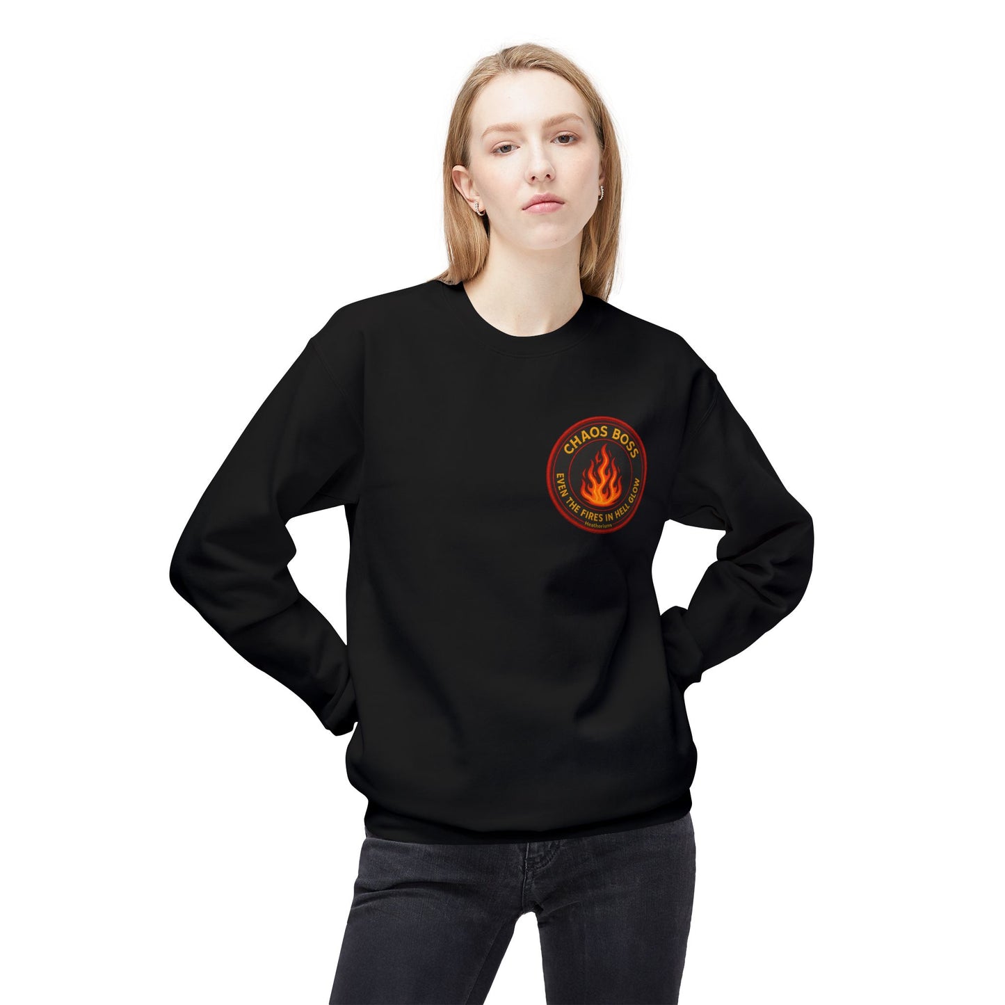 CHAOS BOSS Crewneck Sweatshirt – Even the Fires in Hell Glow